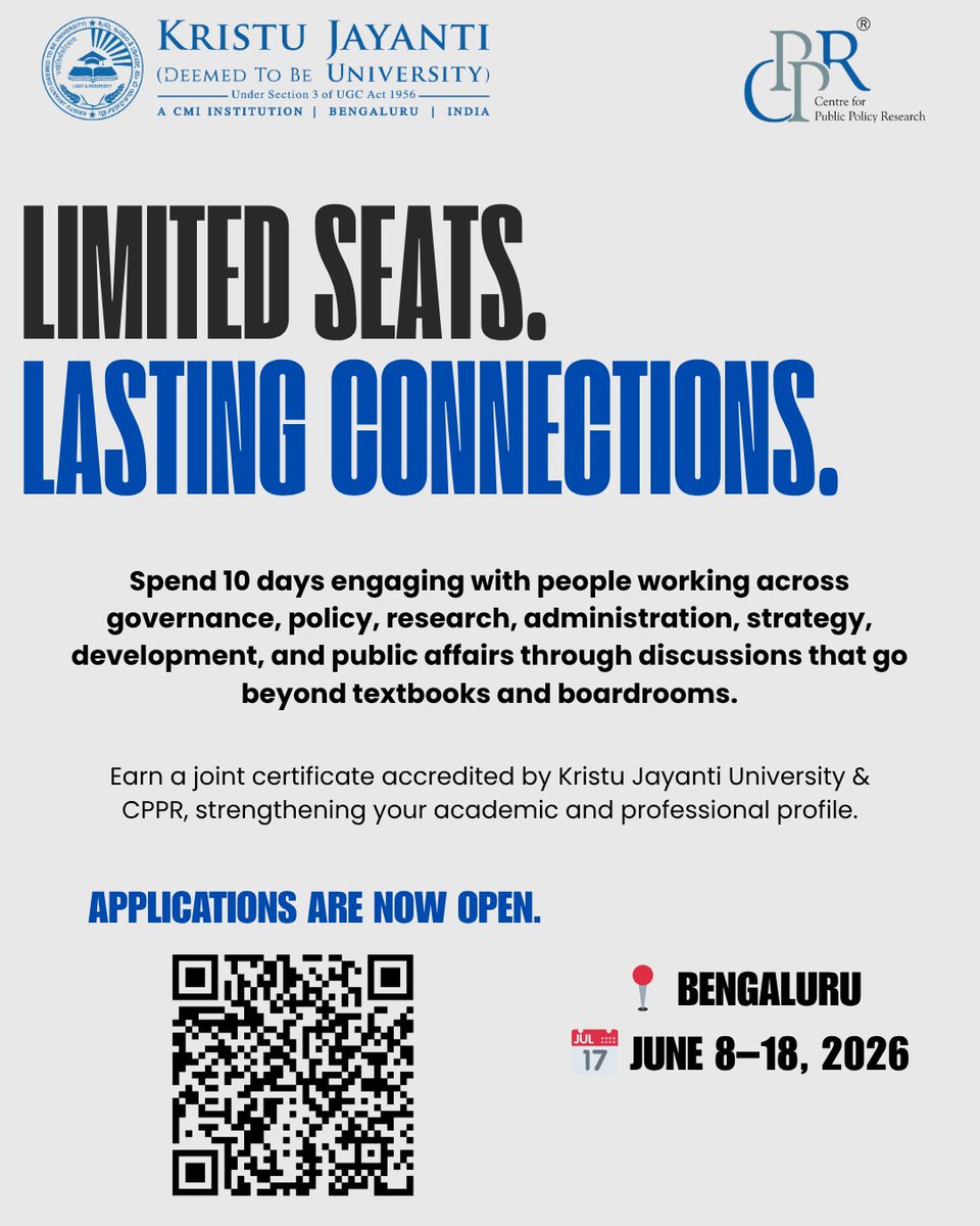 CPPRIndia's tweet photo. Some opportunities are worth showing up for.

Public Policy School 2026 is a 10-day immersive learning experience that brings together governance, public policy, research, strategy, and real-world engagement beyond classrooms and textbooks.

Engage with practitioners, policymakers, researchers, and institutions shaping public discourse and decision-making.

📍 Bengaluru
 📅 June 8–18, 2026
🔗 Apply here: https://t.co/7XQ0tUcVDn

#PublicPolicy #Governance #PolicyResearch #LeadershipDevelopment #PublicAffairs #ApplicationsOpen