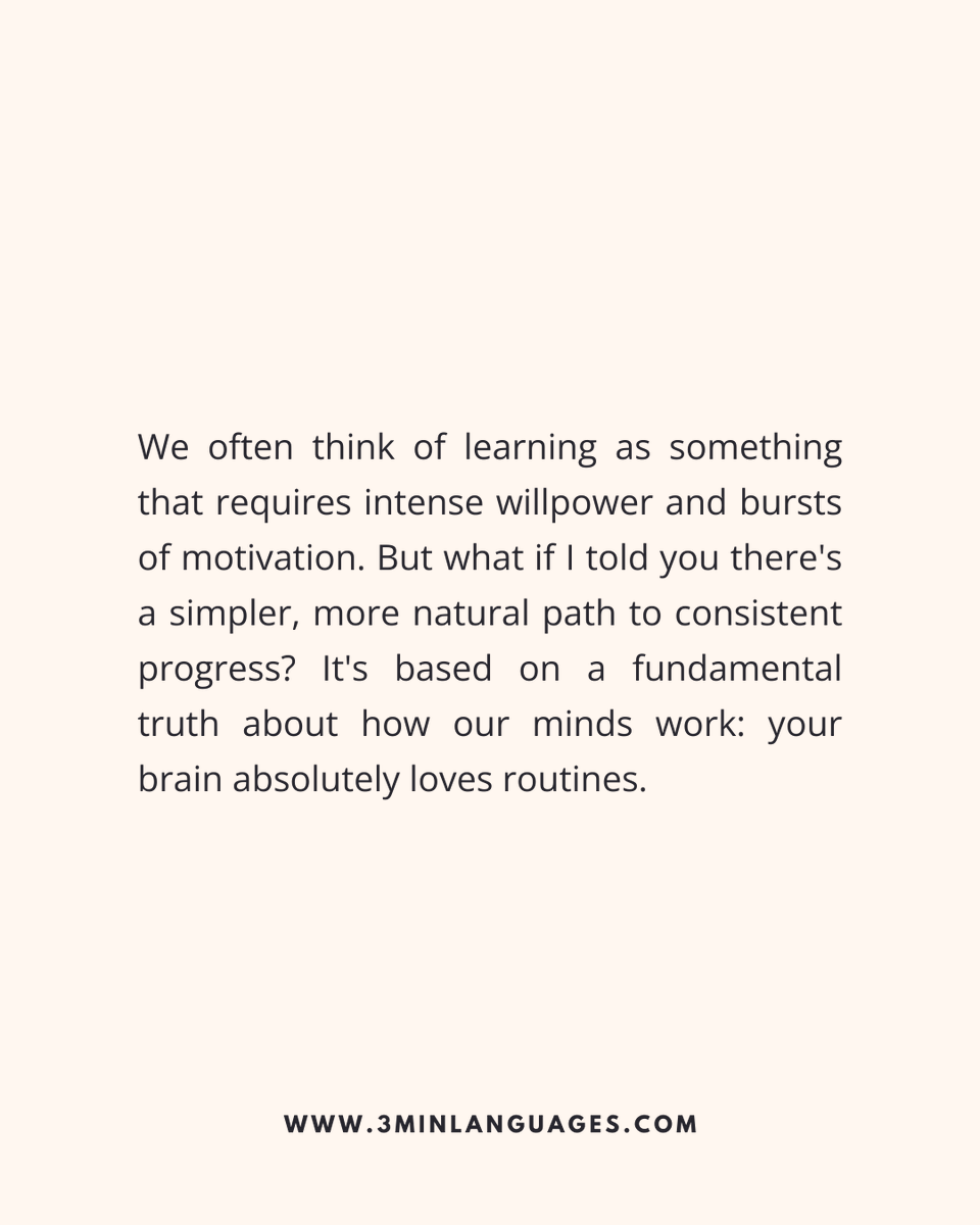 3MLanguages's tweet photo. Your brain loves routines.
Make learning a daily rhythm.
👉 Lock in the habit: https://t.co/aviltQdhX3
#3MinuteLanguages #StudyIn3 #LanguageLearning #MicroLearning #Consistency #LearnFrench #LearnSpanish #LearnGerman #LearnItalian #LearnPortuguese https://t.co/2GnEs9vkkN