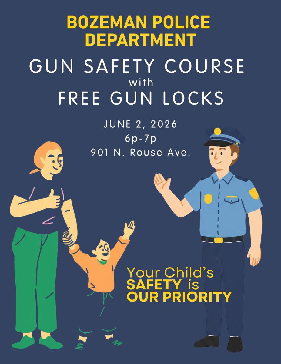 BozemanPolice's tweet photo. Please join the Bozeman Police Department for a gun safety course on June 2 from 6 to 7 p.m. at the Bozeman Public Safety Center (901 N. Rouse). This course is free and open to the public and includes free gun locks for participants. Join us on June 2! https://t.co/3uJEjKHVsV
