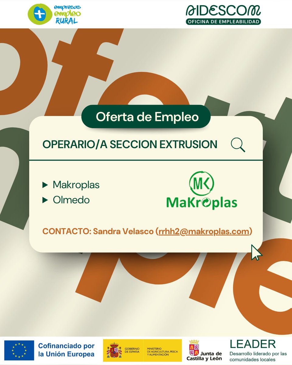 aidescom's tweet photo. Nueva oferta de empleo ‼️

🗣 Desde Makroplas buscan un/a Operario/a sección extrusión en Olmedo📍 

Todos los detalles de la oferta en las imágenes 🙌🏻

Tanto si eres un demandante de empleo como si necesitas personal para cubrir puestos vacantes... ¡Contáctanos y te ayudamos! 📞 https://t.co/xZqJL1OkPO