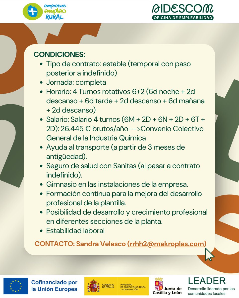 aidescom's tweet photo. Nueva oferta de empleo ‼️

🗣 Desde Makroplas buscan un/a Operario/a sección extrusión en Olmedo📍 

Todos los detalles de la oferta en las imágenes 🙌🏻

Tanto si eres un demandante de empleo como si necesitas personal para cubrir puestos vacantes... ¡Contáctanos y te ayudamos! 📞 https://t.co/xZqJL1OkPO