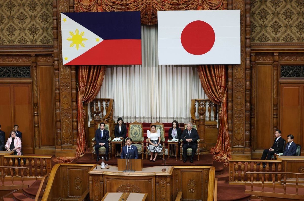 ABSCBNNews's tweet photo. LOOK: President Ferdinand Marcos, Jr. addressed the National Diet of Japan, the counterpart of the House of Representatives.

He says the Philippines and Japan are committed to maritime security and "ensuring that our seas remain open, secure, and governed by rules—not by force." (📸: Marianne Bermudez/PPA) | via @JervisManahan