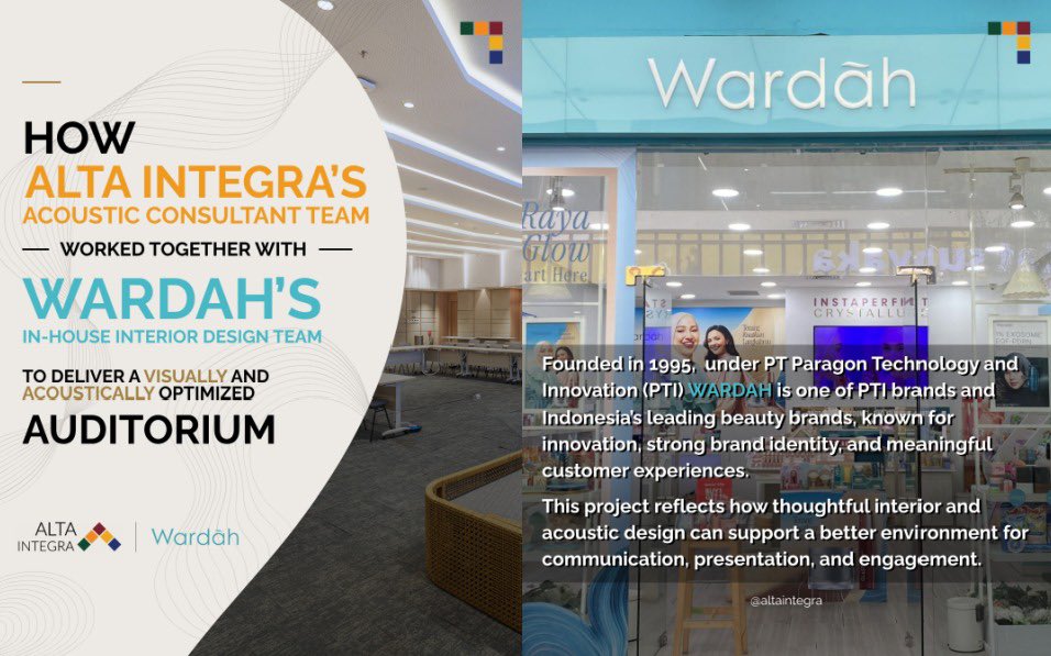 ALTAintegra's tweet photo. How ALTA Integra's acoustic consultant team worked together with Wardah's In-House interior design team to deliver a optimize auditorium?

Learn more here 👉🏻 https://t.co/b2c6xItrWh

#ALTAIntegra #AcousticDesign #AuditoriumAcoustics #AcousticConsultant #AcousticDesignConsultant https://t.co/tHileSFAQa