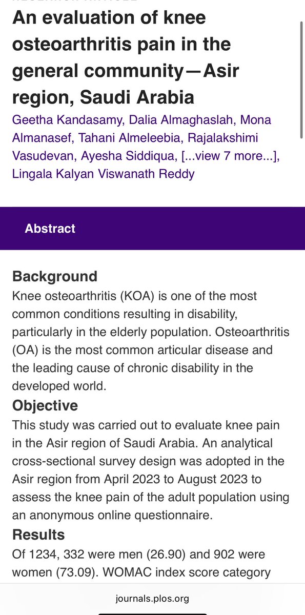 physio_clinics's tweet photo. 📚 هذه دراسة علمية نشرت في يناير 2024، تهدف إلى تقييم آلام الركبة الناتجة عن التهاب المفاصل التنكسي (Knee Osteoarthritis - KOA) في منطقة عسير في المملكة العربية السعودية. 
استخدم الباحثون استبيانًا إلكترونيًا مجهولاً على 1234 شخصًا بالغًا (من أبريل إلى أغسطس 2023). معظمهم نساء (73%) ورجال (27%).
📍النتائج الرئيسية:
•  نسبة كبيرة مصابة: حوالي 79% من المشاركين لديهم أعراض التهاب مفاصل الركبة حسب المعايير الطبية.
•  استخدموا مقياس WOMAC (مقياس شائع لقياس الألم والتصلب والوظيفة):
•  55% : خطر منخفض (ألم خفيف).
•  29% : خطر متوسط.
•  16% : خطر مرتفع (ألم شديد).
•  الأكثر عرضة:
•  النساء أكثر من الرجال.
•  الأشخاص فوق سن 50 سنة.
•  السمنة (الوزن الزائد).
•  وجود سكري أو تاريخ عائلي للمرض.
💡الخلاصة والنصيحة:
التهاب مفاصل الركبة شائع جدًا في عسير، خاصة عند كبار السن والنساء والأشخاص الذين يعانون من السمنة أو أمراض مثل السكري. 
✨ الدراسة تؤكد الحاجة إلى:
•  برامج توعية عامة.
•  الوقاية المبكرة (مثل الحفاظ على الوزن، الرياضة المناسبة).
•  علاج أفضل لتحسين جودة الحياة.
باختصار: المرض منتشر في المنطقة، ويحتاج الناس إلى وعي أكبر لتجنب تفاقمه. الدراسة تعتمد على استبيان، لذا تعطي صورة جيدة عن الواقع في المجتمع.