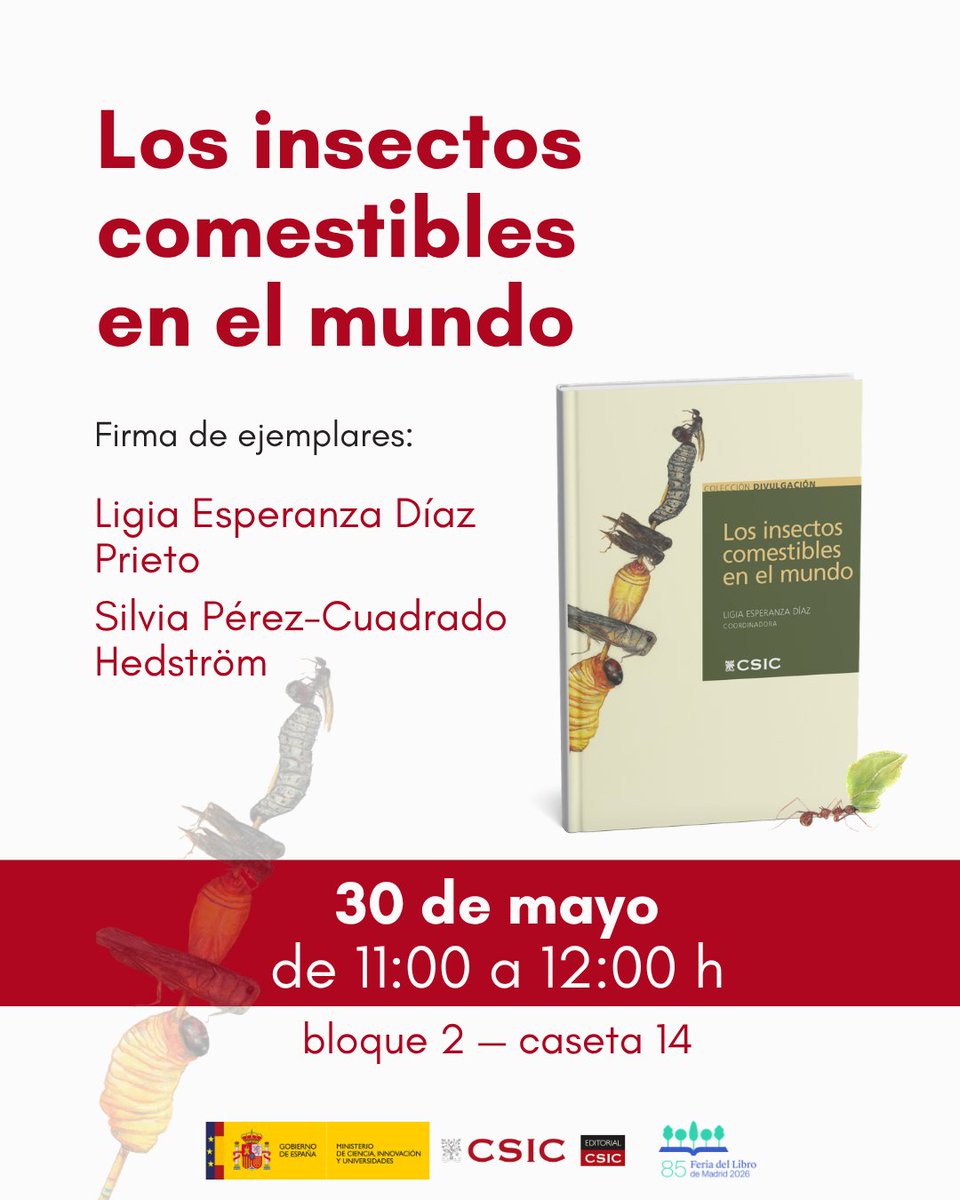 EditorialCSIC's tweet photo. @FLMadrid @CSIC @CSICdivulga @ICTAN @CatarataLibros @IGME1849 @ibfg_es @NeuroAlc @CCHS_CSIC @iaa_csic @docecallesed @INIA_es 🐜Mañana sábado, 30 de mayo, a las 11h, primeras firmas de @EditorialCSIC en la @FLMadrid con Ligia Esperanza Díaz (@ICTAN) y Silvia Pérez-Cuadrado (@CientificateII)

📚Os esperamos en la caseta número 14, ubicada en el bloque 2 de la feria, en El Retiro https://t.co/fj6PZ7y7xw https://t.co/hTxn5W3Nu5