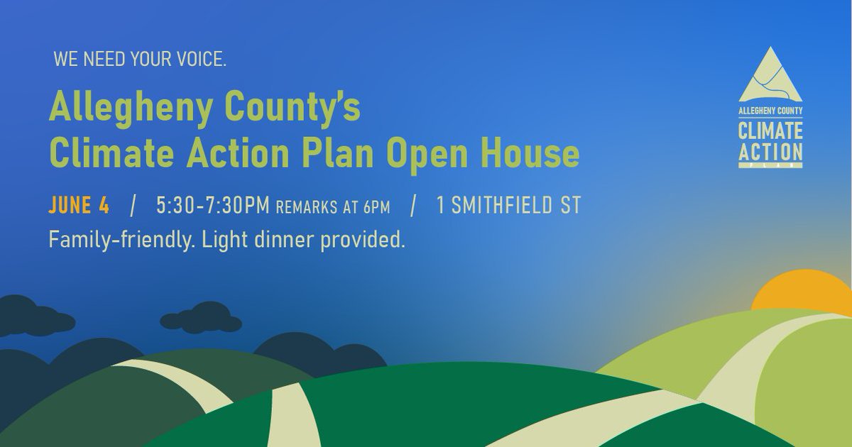 HealthAllegheny's tweet photo. Big changes are coming to Allegheny County, and your voice can help shape them.

Allegheny County is creating its ﬁrst-ever Climate Action Plan, and this is your chance to weigh in on the future of our communities. 

Join the Department of Sustainability for a free, family-friendly community open house on Thursday, June 4. Meet the team behind the plan, share your ideas, enjoy a light dinner, and learn how your feedback will help guide future county programs and investments. 

Department of Human Services Building, 1 Smithﬁeld St., Pittsburgh, PA 15222
Thursday, June 4, 2026
5:30 pm to 7:30 pm
Remarks begin at 6:00 pm

Free to attend. Open to everyone. Dinner included. Help shape the future of Allegheny County.
Register here: https://t.co/TxS32yNVDB 

#AlleghenyCounty #climate