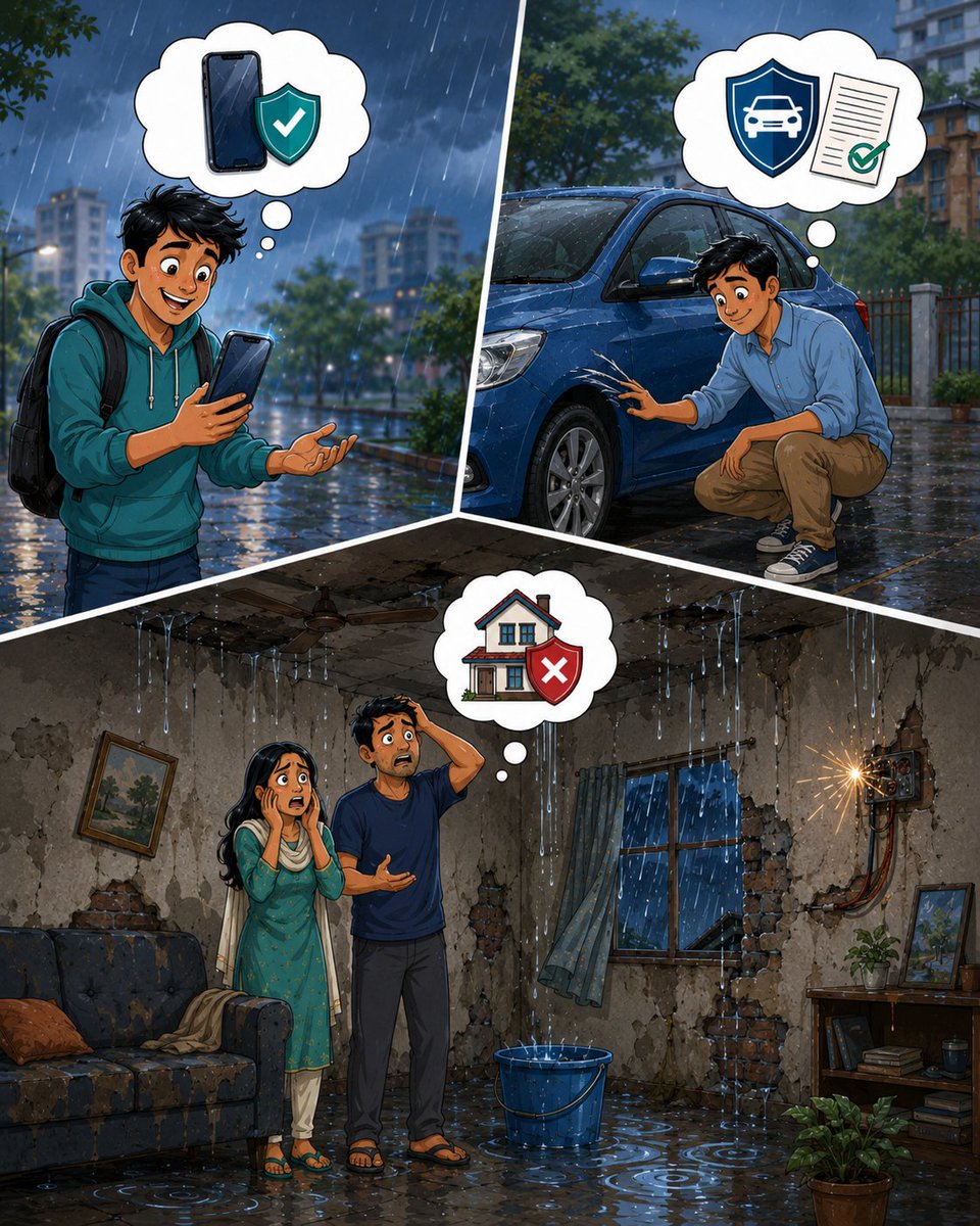 ProbusInsurance's tweet photo. Phone gir jaaye toh screen guard yaad aata hai. 
Car scratch ho jaaye toh insurance yaad aata hai. 

Par jab monsoon walls, wiring aur furniture test karta hai, tab ghar ka cover yaad aana thoda late ho sakta hai.

#Probus #HomeInsurance #MonsoonReady https://t.co/CRQLkadSxp