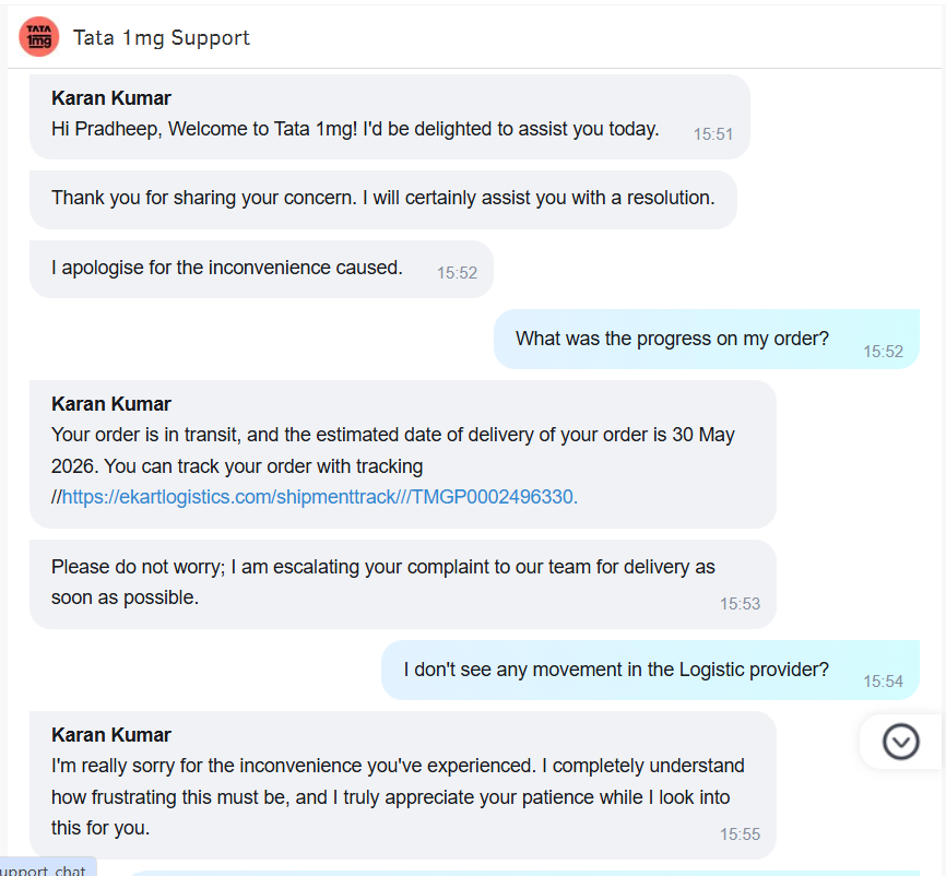 Bg_pratheep's tweet photo. @1mgOfficial Kindly allow your customer support to speak honestly. Flat liars

You are lying straight to the face. You are Gaslighting the customers.

It is literally disgusting to feel as I have ordered from well reputed name of Tata. @TataCompanies https://t.co/O7sYLv7853