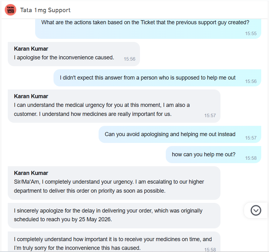 Bg_pratheep's tweet photo. @1mgOfficial Kindly allow your customer support to speak honestly. Flat liars

You are lying straight to the face. You are Gaslighting the customers.

It is literally disgusting to feel as I have ordered from well reputed name of Tata. @TataCompanies https://t.co/O7sYLv7853