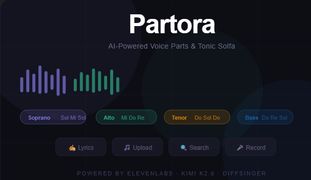 sunnyboicrypto's tweet photo. I built Partora to explore for @ElevenLabs speech engine.

Partora is an AI-powered web and mobile app that generates tonic solfa notation and SATB (Soprano, Alto, Tenor, Bass) voice parts for any song, instantly.

What problem does it solve?

Choir members and singers especially in Africa and the developing world have no practical way to learn their specific voice part before rehearsal. 
Sheet music is expensive, music theory is a barrier, and choirmasters are overstretched. 

Partora eliminates that gap: any singer can upload a song, type lyrics, search a title, or hum into their phone and immediately hear exactly how their part should sound.

How does it use ElevenLabs?

Partora uses ElevenLabs in five distinct ways: 
the TTS API with a custom pronunciation dictionary speaks tonic solfa syllables (Do–Re–Mi) musically per voice part; 

Forced Alignment syncs each syllable to highlight on screen in real time like karaoke; 
the Voice Isolator strips background noise from uploaded audio before analysis; 

the Voice Changer / Speech-to-Speech transforms a user's hummed recording into a trained soprano, alto, tenor or bass voice so they hear themselves in their part; 

and the Speech Engine WebSocket powers a real-time AI voice coach that answers music theory questions live at 75ms latency using Flash v2.5.

github: https://t.co/abPXWiFbzt