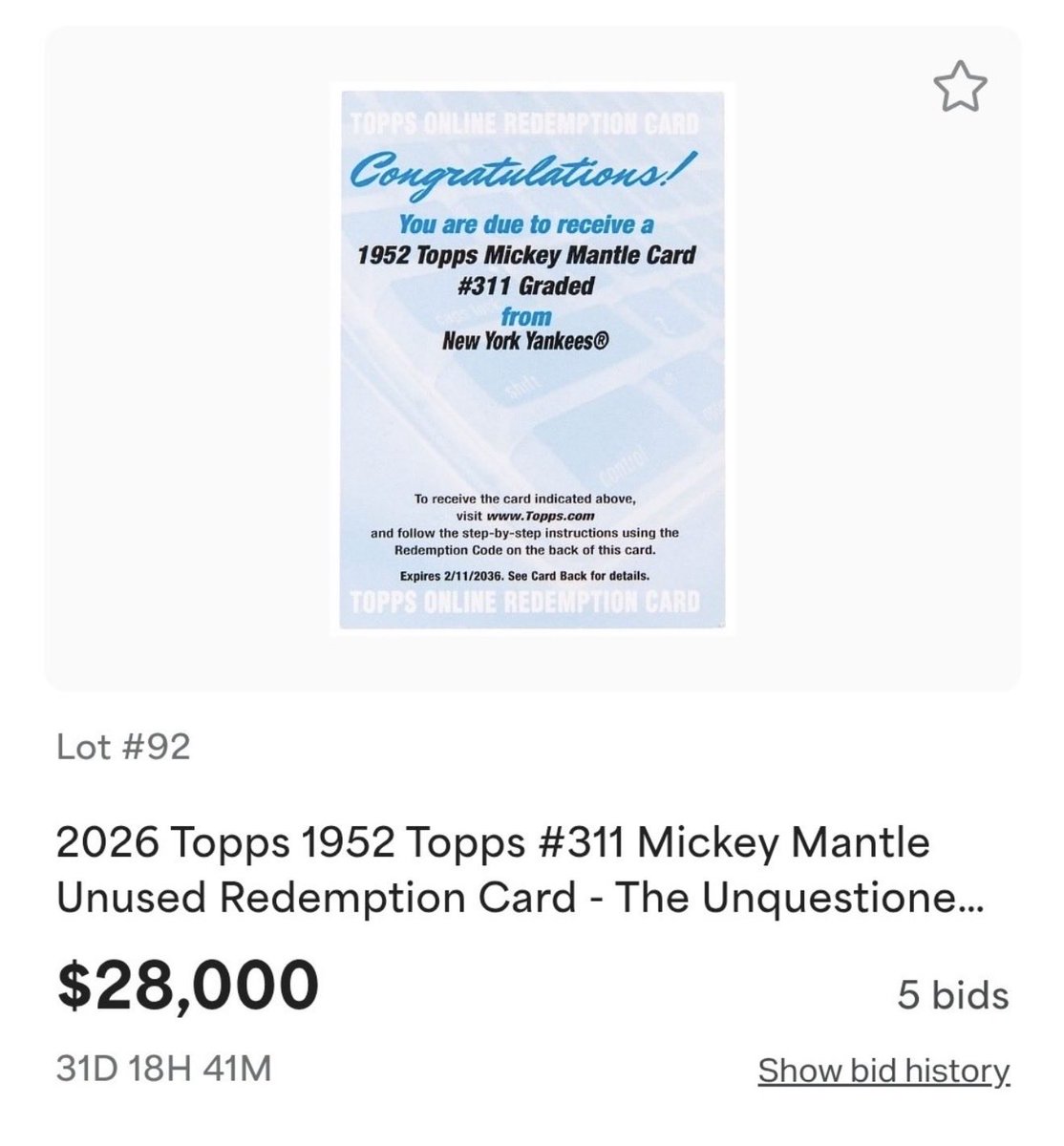darrenrovell's tweet photo. This is now the most intriguing auction of 2026. What will be the grade of Topps’ 1952 Mickey Mantle in the redemption?

A PSA 8 is $1.5M.
A PSA 7 is $550,000.
A PSA 6 is $275,000.
A PSA 5 is 200,000.
A PSA 4 is $150,000.
A PSA 3 is $125,000.
A PSA 2 is $90,000.

Think market will predict it’s a 5.