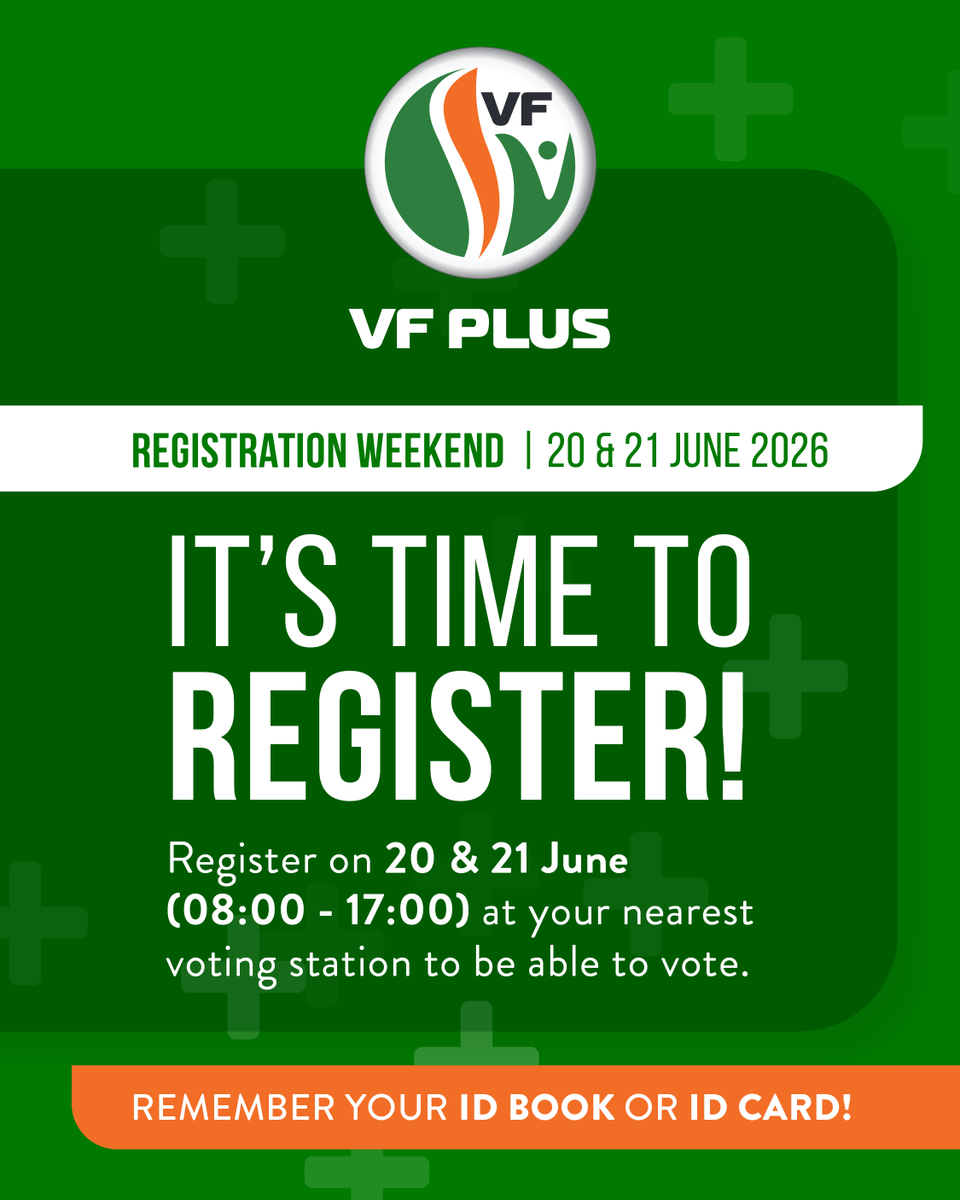 VFPlus's tweet photo. βΌοΈ REGISTRATION WEEKEND | 20 & 21 June 2026 π³οΈ
βΌοΈ REGISTRASIENAWEEK | 20 & 21 Junie 2026 π³οΈ
#DisOnsTyd #2026Verkiesing #VFPlus #ItsOurTime #2026Elections https://t.co/29GsJa7eAY