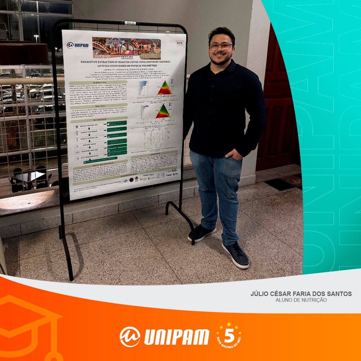 UNIPAMOFICIAL's tweet photo. O aluno Júlio César, do 7º período de Nutrição, participou da 6ª edição do “Vila Café Internacional”, em Patos de Minas (MG), apresentando uma pesquisa sobre a extração de café utilizando diferentes solventes.

👉 Confira a matéria completa no link https://t.co/aEKxbmxT4c https://t.co/HNgt8j2egD