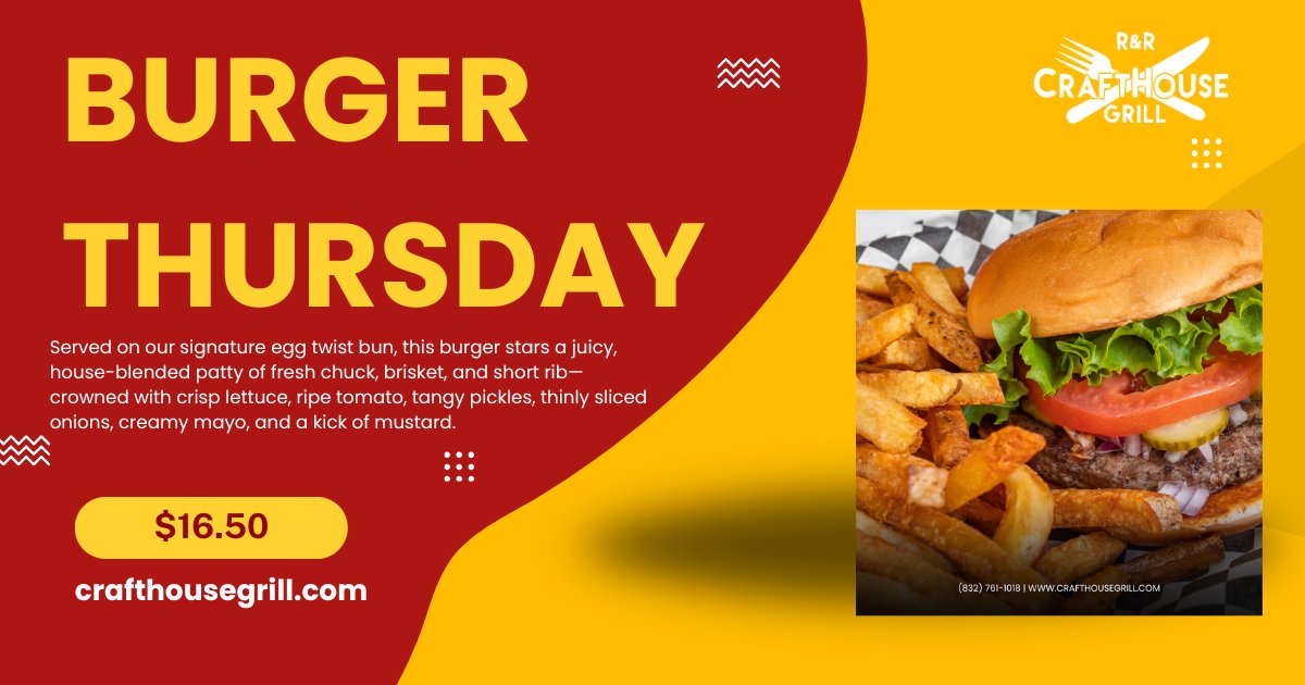 RandRCrafthouse's tweet photo. 🍔 **It's Burger Thursday at R&amp;R CraftHouse Grill!** 🍔  Today only, sink your teeth into our mouthwatering **Burger Thursday special** 🔥 https://t.co/Re3b9dlFWF