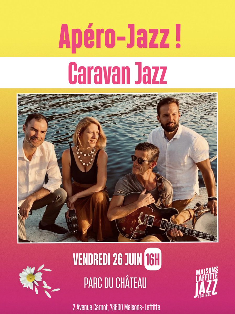 MLJazzFestival's tweet photo. [Le 26 juin à 16 h - Caravan Jazz !]
Retrouvez les incontournables Apéros-Jazz tous les soirs de concert dans le Parc du Château !
Entrée gratuite et buvette sur place 🍻

#apérojazz #mljf2025 #maisonslaffitte https://t.co/pBF4c5dPDN