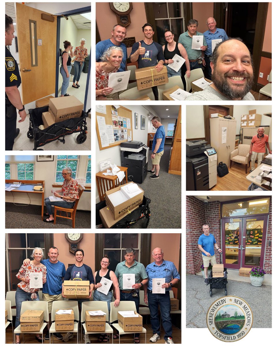 townoftopsfield's tweet photo. After many weeks of hard work, the Special Town Meeting warrant and revised budget were officially approved and ready to print. Select Board members, volunteers, and town staff rolled up their sleeves last night to print and prepare more than 2,600 warrants for distribution. https://t.co/7BEXpe5ORs