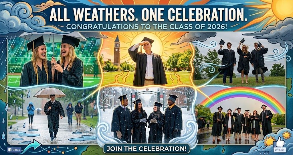 WeatherValet's tweet photo. 🎓Congrats Class of 2026! 

Rain or shine, caps and gowns are out this weekend! 🌧️☀️💨

From sunny blue skies to surprise pop-up showers, our grads are walking across that stage no matter what Mother Nature throws at them. 

Drop it in the comments 👇 https://t.co/4YjQRNjB1f
