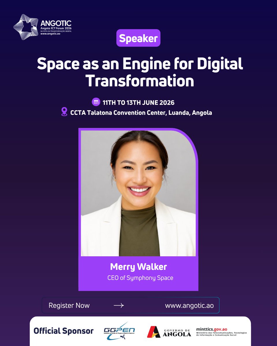 spaceinafrica1's tweet photo. We are excited to announce Merry Walker, Co-Founder and CEO of Symphony Space, @symphony_space, as a speaker at the #ANGOTIC2026.

Bringing experience across engineering, diplomacy, frontier technologies, and international space policy, Merry has worked at the intersection of government and innovation — from shaping U.S. science and technology strategy at the White House to advancing international cooperation in space through the Artemis Accords.

📍 Talatona Convention Centre, Luanda
📅 11th - 13th June 2026