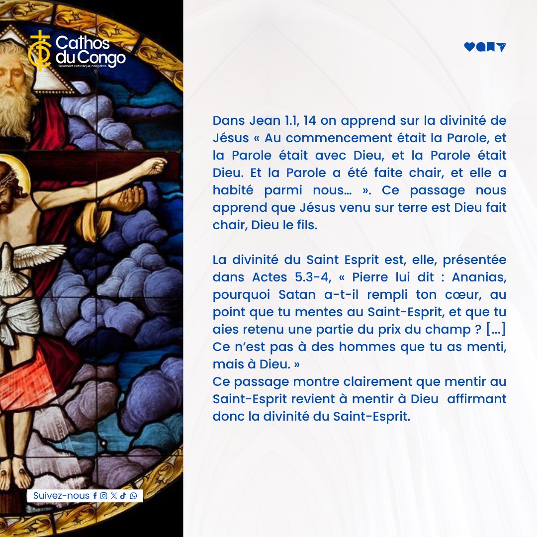 Cathosducongo's tweet photo. Un seul Dieu, trois Personnes : Père, Fils et Saint-Esprit. Voici le cœur de notre foi chrétienne.

Cette vérité qui nous sauve : par le baptême, nous devenons enfants du Père, rachetés par le Fils, sanctifiés par l'Esprit.

[1/2]

#cathosducongo #catholique #foicatholique https://t.co/gG0cPw1iAp