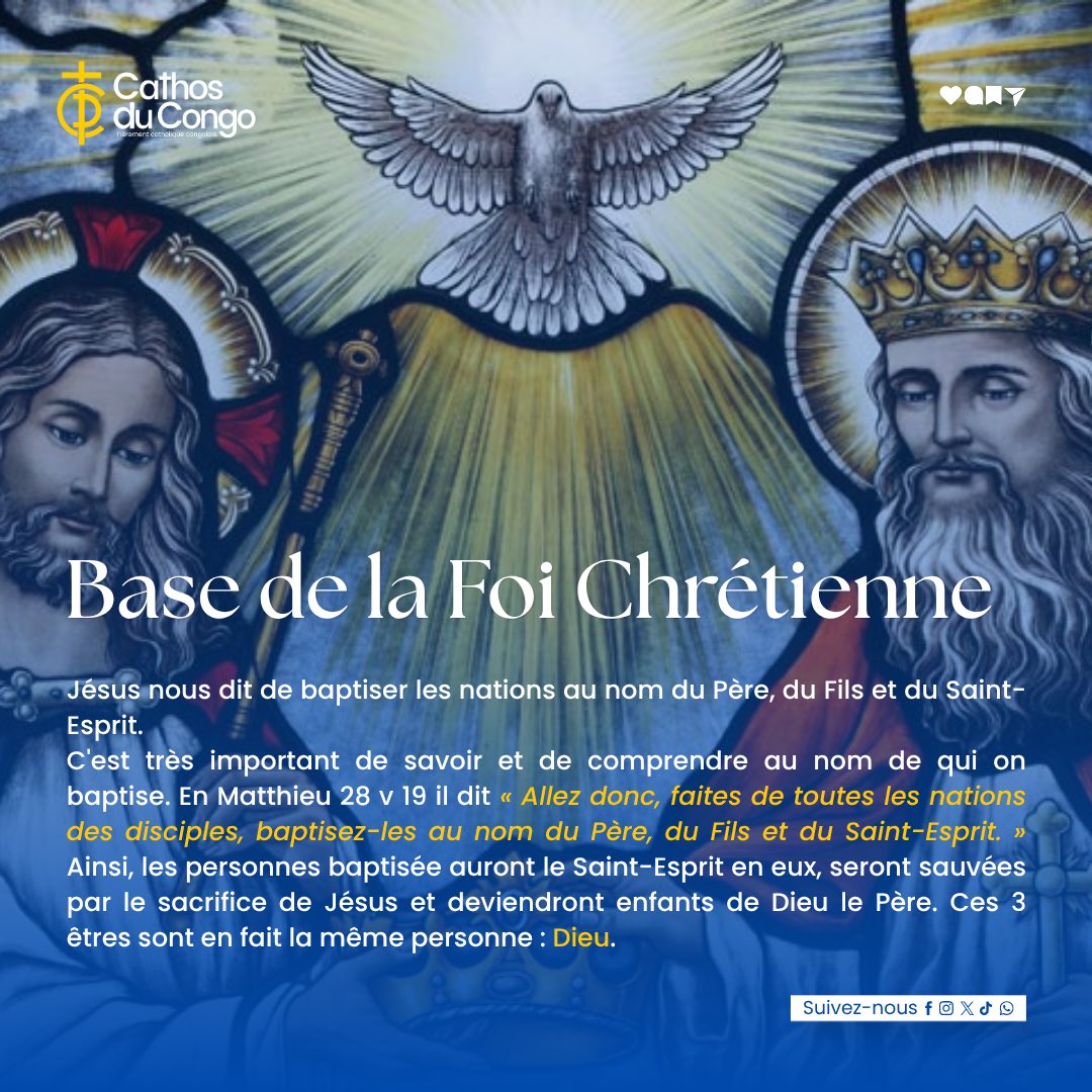 Cathosducongo's tweet photo. Un seul Dieu, trois Personnes : Père, Fils et Saint-Esprit. Voici le cœur de notre foi chrétienne.

Cette vérité qui nous sauve : par le baptême, nous devenons enfants du Père, rachetés par le Fils, sanctifiés par l'Esprit.

[1/2]

#cathosducongo #catholique #foicatholique https://t.co/gG0cPw1iAp