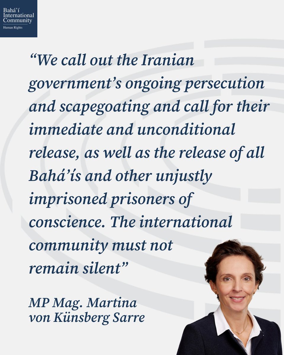 BahaiBIC_Rights's tweet photo. Austrian MP Mag. Martina von Künsberg Sarre signs a statement calling for the immediate and unconditional release of Peyvand and Borna Naimi, alongside all unjustly imprisoned prisoners of conscience.

Peyvand and Borna Naimi have been arbitrarily detained since January and March 2028, respectively. They are currently at imminent risk of losing their lives.

This statement joins a growing chorus of parliamentarians and human rights advocates worldwide calling out the Iranian government's ongoing persecution and scapegoating of the Bahá'ís in Iran.

#BahaiRights #PeyvandNaimi #BornaNaimi #Iran