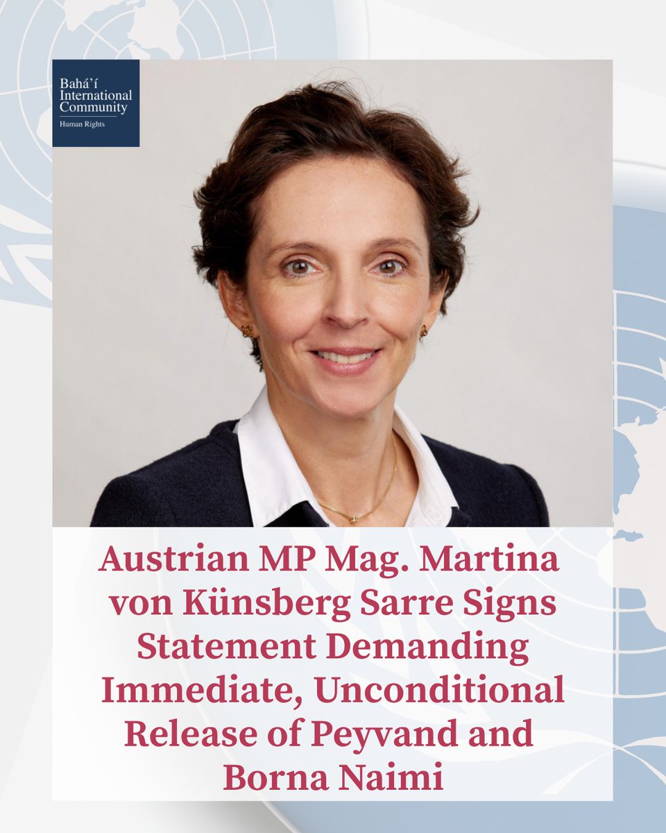 BahaiBIC_Rights's tweet photo. Austrian MP Mag. Martina von Künsberg Sarre signs a statement calling for the immediate and unconditional release of Peyvand and Borna Naimi, alongside all unjustly imprisoned prisoners of conscience.

Peyvand and Borna Naimi have been arbitrarily detained since January and March 2028, respectively. They are currently at imminent risk of losing their lives.

This statement joins a growing chorus of parliamentarians and human rights advocates worldwide calling out the Iranian government's ongoing persecution and scapegoating of the Bahá'ís in Iran.

#BahaiRights #PeyvandNaimi #BornaNaimi #Iran