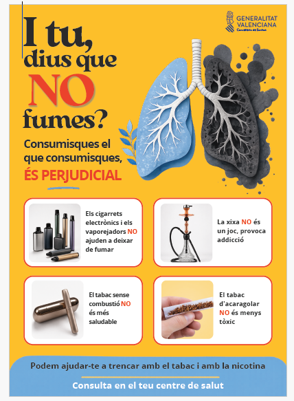 GVAsagunt's tweet photo. 🫁El próximo día 31 de mayo se celebra el Día Mundial Sin Tabaco y la Conselleria de Sanidad ha lanzado una campaña "Podemos ayudarte a romper con el tabaco y con la nicotina"🚭
#DíaMundialSinTabaco #GVASagunt https://t.co/vnnUyzFYYo