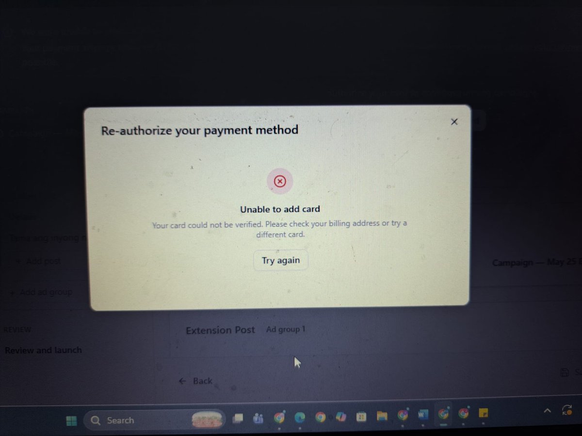 PRAwards_PH's tweet photo. @AdsSupport Hello, what do we need to do about this error? We were trying to boost an ad, but our payment wouldn't go through. Do you have any advice? https://t.co/YwA84PbMVl