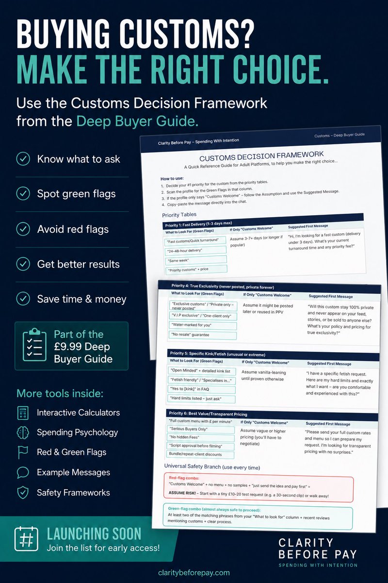 ClarityB4Pay's tweet photo. Customs Welcome doesn’t tell buyers much.

Fast delivery?
True exclusivity?
HQ production?
Personalisation?
Transparent pricing?

Most buyers guess.
That’s where overspending starts.

The Customs Decision Framework inside the Deep Buyer Guide helps buyers:
• spot green flags
• identify red flags
• ask better questions
• avoid vague offers
• make more intentional decisions

Launching soon.

#onlyfans #chaturbate