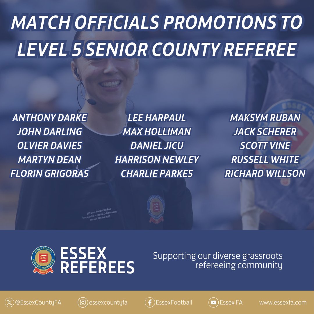 EssexReferees's tweet photo. 📈 We are thrilled to announce that the following 2⃣6⃣ @EssexCountyFA referees have gained promotion. https://t.co/Zch8raGd5y