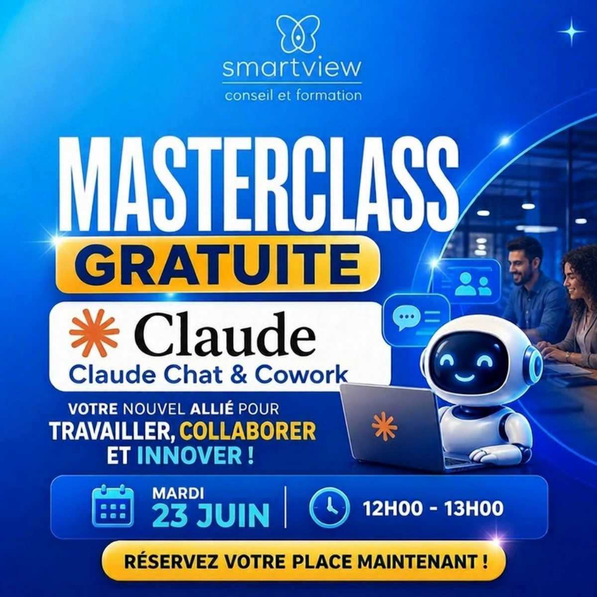 SmartViewFr's tweet photo. 🕰️ Le 23 juin #masterclass gratuite sur #Claude.
⏱️ Une heure pour voir, en #live, ce que ça change vraiment. L'IA pensée pour devenir votre meilleur allié au travail. 👉 Transformez votre vision de l'#IA ! https://t.co/MTd2PMdSeC