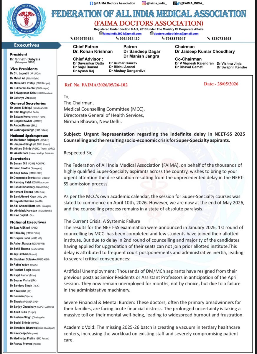 FAIMA_INDIA_'s tweet photo. 🚨 FAIMA urges MCC to expedite NEET-SS 2025 counselling! Unprecedented delays are causing unemployment, financial &amp; mental distress among aspirants, impacting healthcare delivery. Immediate action needed to uphold academic timelines. #MedicalCrisis #NEETSS2025 https://t.co/1T9HmgT7hU