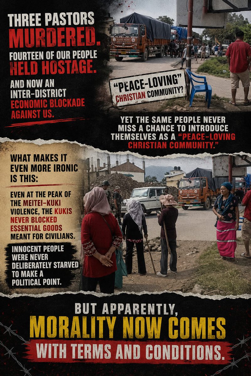 kimmnprls's tweet photo. At a time when the majority of Kuki hostages are allegedly being held captive by NSCN-IM proxy CSOs and SDSA, public attention remains focused only on the six Naga hostages. What about the 14 Kuki hostages? Are their lives considered less valuable?

With the demand for the release of the 14 Kuki hostages still unmet, a shutdown has been imposed. In response, the UNC announced a counter-shutdown, resulting in severe hardship for Nepali, Kuki, and Naga communities residing within Kangpokpi district, all of whom are now struggling to access essential supplies.

Today, trucks carrying essential commodities were reportedly blocked by Naga women protesters. At a time when the state remains in a highly volatile situation, such actions only deepen mistrust and fuel further misunderstanding among communities. The question remains: who are the forces encouraging these acts and pushing the state further toward instability? 
@narendramodi @YKhemchandSingh @PMOIndia @UNHumanRights @TOIIndiaNews  @ndtvindia @ThePrintIndia @Telegraph