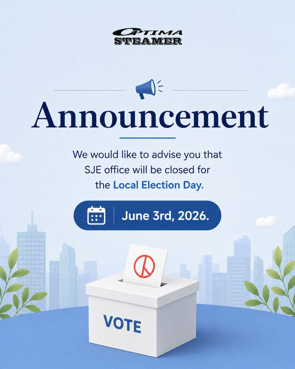 SJECorp's tweet photo. Please be advised that the SJE office will be closed on the following date in observance of national holiday:

June 3 (Wed.), 2026

For urgent inquiries, please contact us at [sales@sjecorp.com]
We will respond as soon as possible upon our return.

#optimasteamer https://t.co/Ziyv1kTNrd