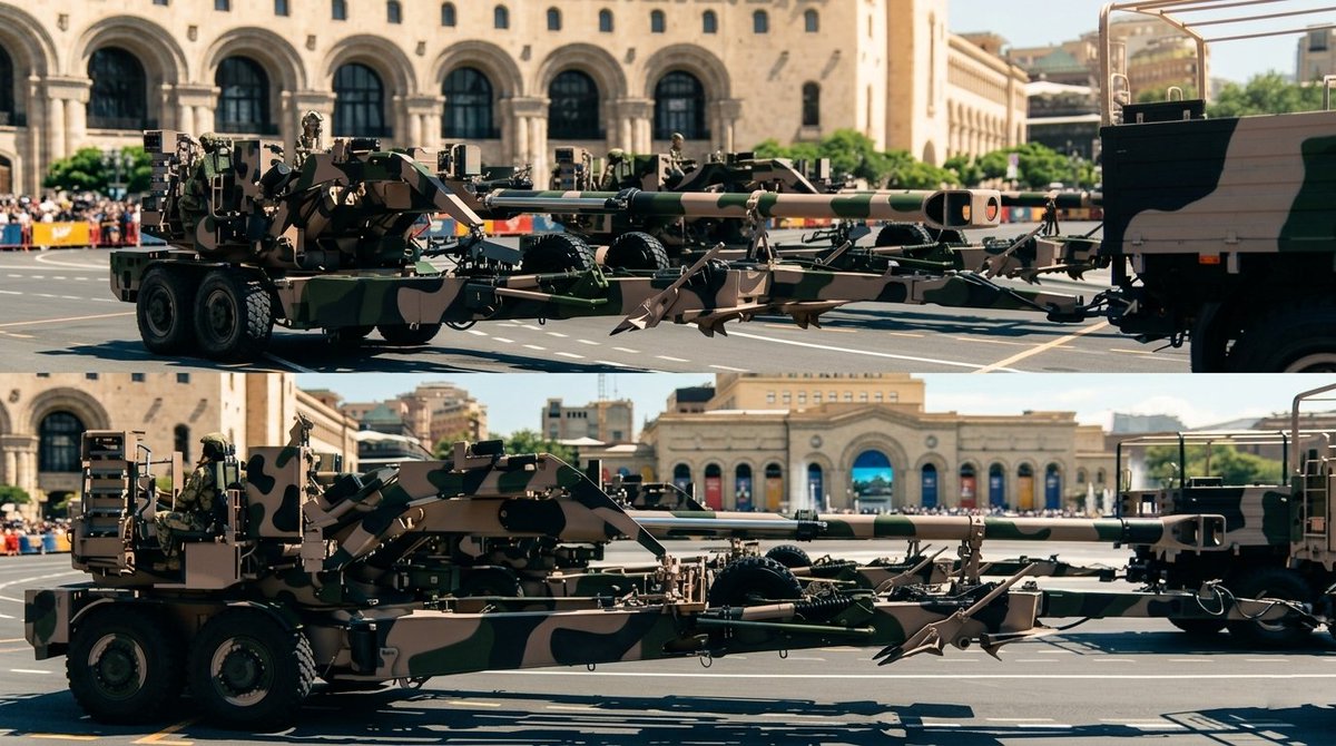 DefenceDecode's tweet photo. Indian defence systems continue gaining international visibility 🇮🇳

Armenia has showcased its Indian-made:
• ATAGS 155 mm artillery system
• MArG
• Pinaka MLRS
• Akash-1S air defence system
Highlighting the expanding global presence of India’s indigenous defence industry. https://t.co/Z4PDtolM0p
