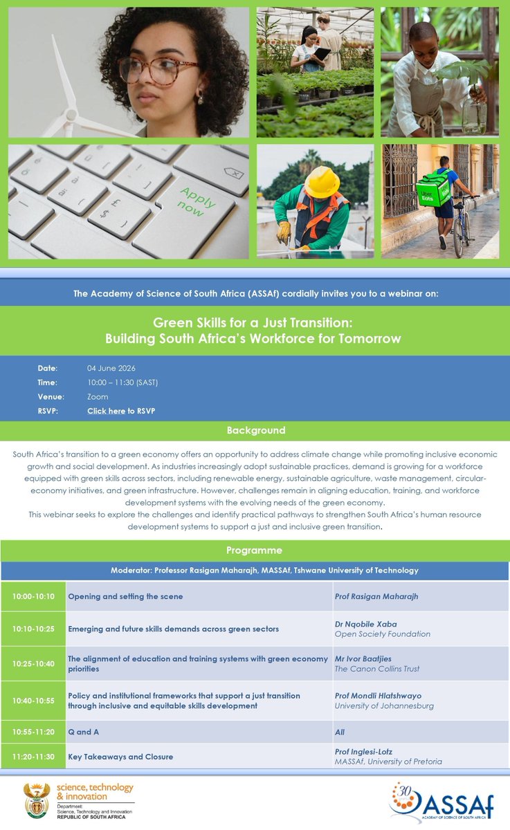 ASSAf_Official's tweet photo. The Academy of Science of South Africa (ASSAf) cordially invites you to a webinar on: 
Green Skills for a Just Transition: Building South Africa’s Workforce for Tomorrow 

RSVP: https://t.co/xp16R4ISLw https://t.co/eidlRTgF1T