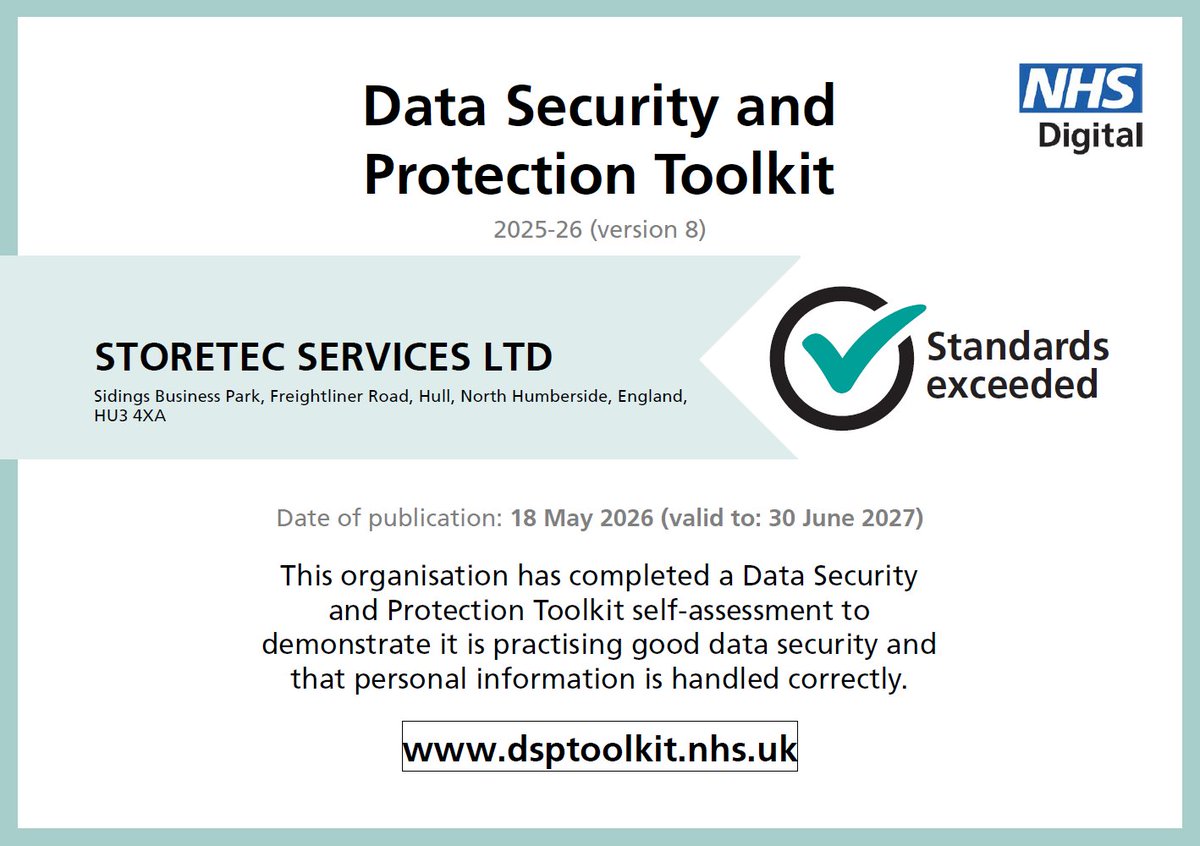 StoretecHull's tweet photo. We’re pleased to share that Storetec has achieved a “Standards Exceeded” rating in the 2025/26 NHS Data Security and Protection Toolkit assessment.

A reflection of our ongoing commitment to data security, compliance, and protecting sensitive information. https://t.co/AACtRNia5x