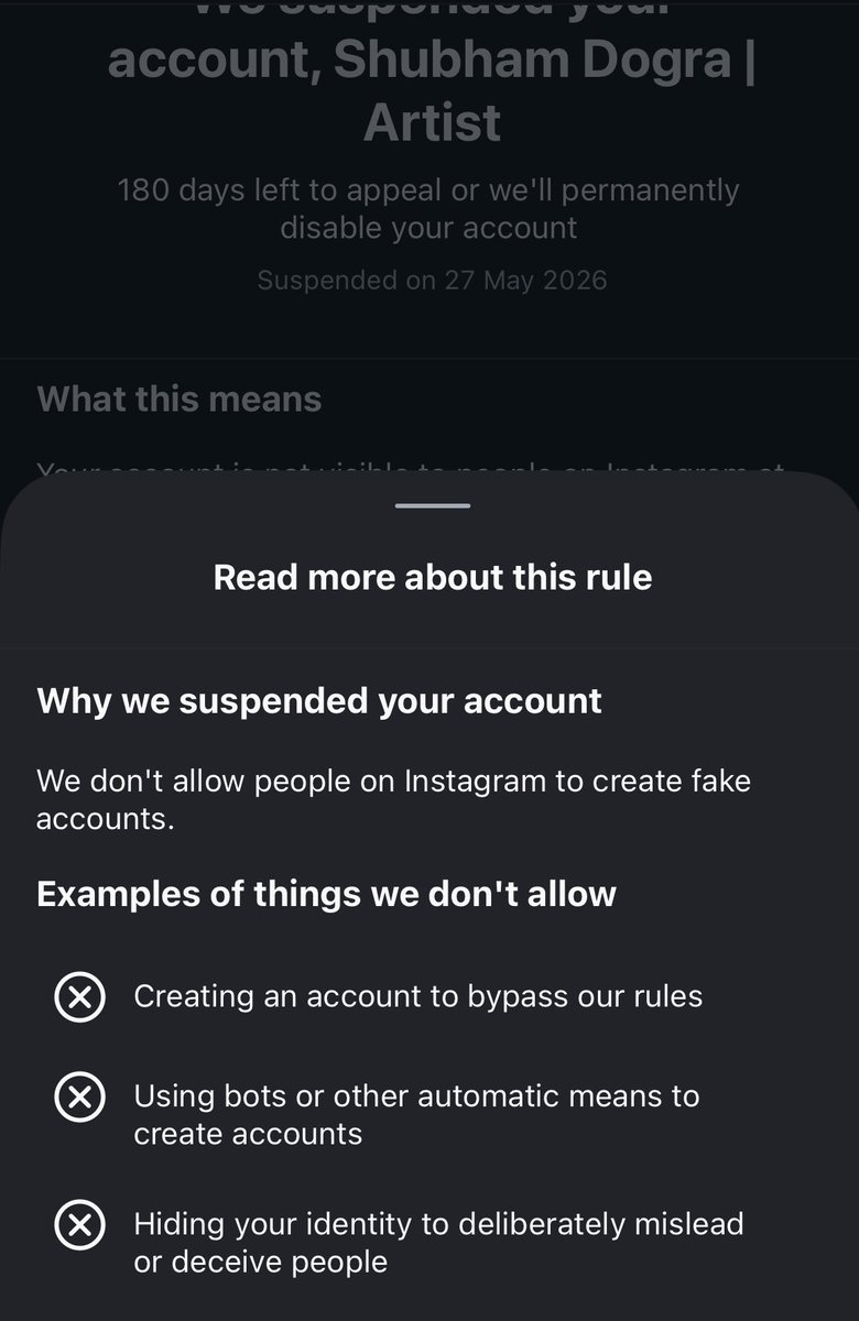 Shubham513's tweet photo. People at Instagram have gone mad or what? Why they don’t fix their studid AI system! 

Suspended my Instagram account on 24th, reactivated it on 27th and after a few hours suspended it again! And giving stupid reasons which are completely baseless!! @Meta @instagram https://t.co/3i8COYF2l4