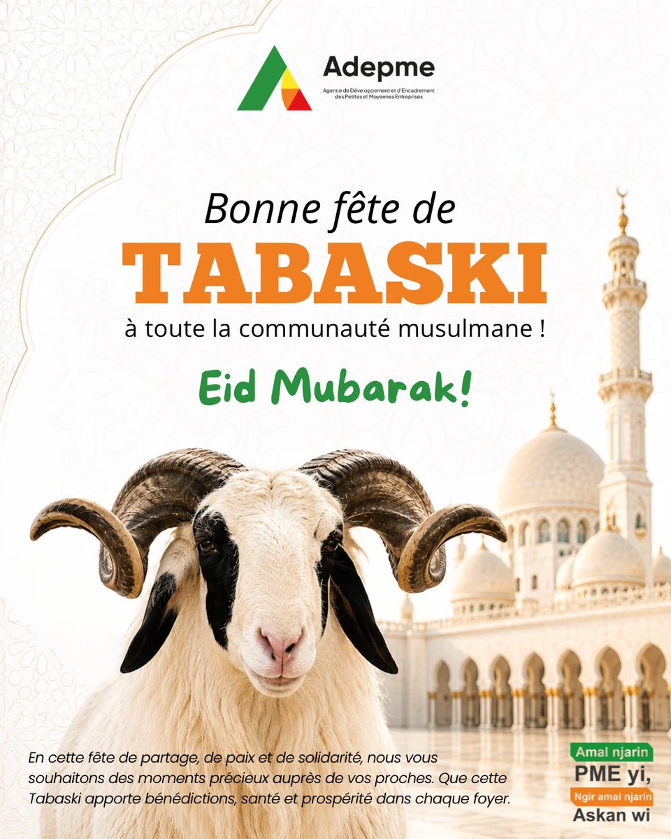 Adepme's tweet photo. En cette Tabaski, tous les Adepemiens, vous adressent leurs vœux de paix, de santé et de prospérité.
Que cette fête sacrée renforce nos valeurs de solidarité, d’unité et de partage.

Nous remercions nos partenaires techniques et financiers, Banque Mondiale, BAD, Enabel, GIZ etc ainsi que les autorités et acteurs de l’écosystème entrepreneurial pour leur confiance et leur soutien sans faille. 

Ensemble, continuons à réinventer un Sénégal juste, prospère et souverain, en soutenant nos PME et révélant nos talents et nos champions.

#Tabaski #EidMubarak #Paix #Solidarité #Respect #Discipline #Développement #Performance #Sénégal #ADEPME