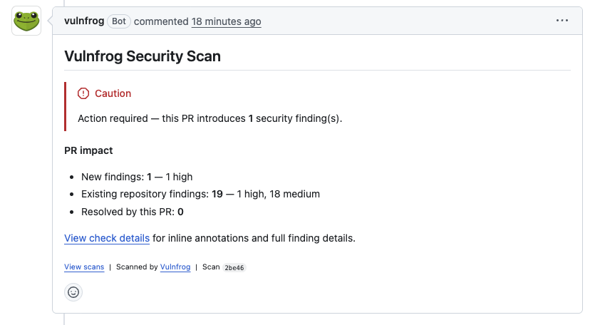 lilfrogdev's tweet photo. 28 days left to ship vulnfrog, a security scanner for indie devs

today i added an ai powered security review on top of the base pull req scanning.

this helps:
- reduce false positives
- find vulns traditional scanners cant

in testing it found an additional 2 security vulns!🤯 https://t.co/G3VDq5n2UI