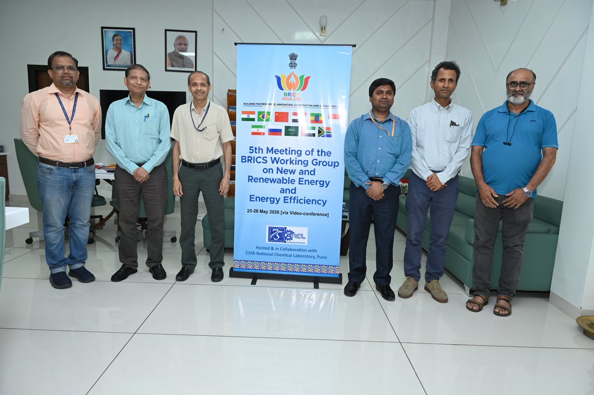 IndiaDST's tweet photo. The two-day online 5th Meeting of the #BRICS Working Group on New & Renewable Energy and Energy Efficiency was successfully held at CSIR-National Chemical Laboratory, Pune @csir_ncl between May 25- 26, 2026.

The Indian delegation was represented by Dr. Ashish Lele, Director, @csir_ncl; Dr. @NishaM_DST, Head, CEST, @IndiaDST; Dr. @Arindam_DST, #BRICS STI Nodal Officer, IC Division, @IndiaDST; along with other senior officials from @IndiaDST and @csir_ncl.

@DrJitendraSingh @rajesh_gokhale @MEAIndia @BricsIndia2026