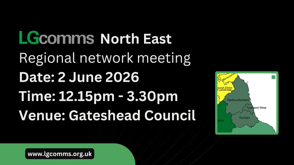 LGcomms's tweet photo. There’s just one day to go until the LGcomms North East regional network meeting on 2 June. There is still time to join discussions on political change, team development and the challenges facing comms teams across the region. Book via the link in bio. https://t.co/ItPjFRTcSA