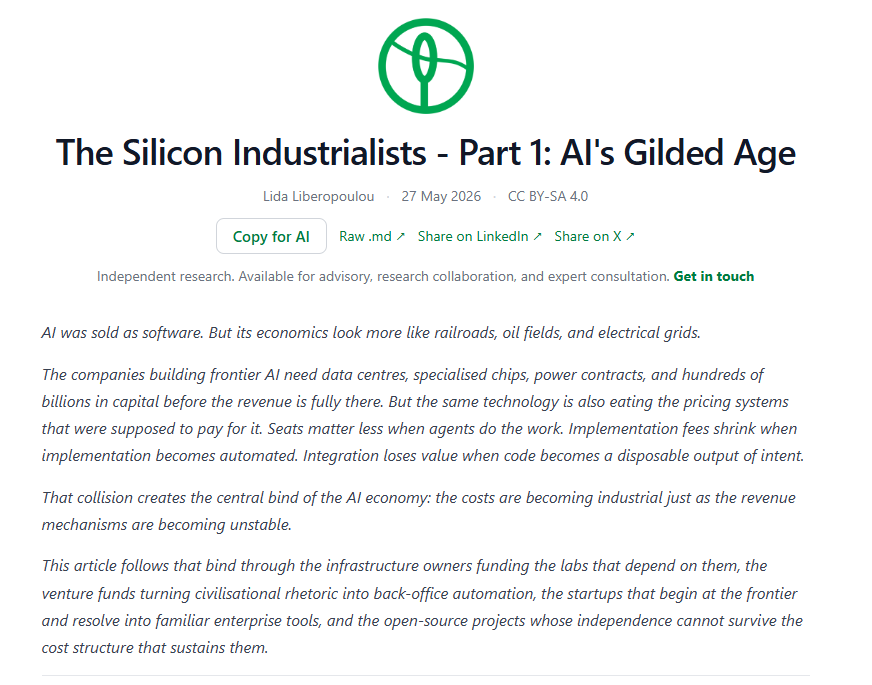 threadbaire's tweet photo. What if we've been analysing AI with the wrong economic model? 1/2

The entire industry treats AI as software, with SaaS margins, seat pricing and API subscriptions. But AI's cost structure looks nothing like software. Instead it looks more like railroads, oil fields, and electrical grids. Frontier models need specialised chips, industrial-scale data centres, dedicated power infrastructure, and hundreds of billions in capital before a single customer arrives. And the marginal cost of serving the next user scales with every query. The SaaS perpetual motion machine with its 75 to 85 percent margins is being replaced by 19th century industrial economics wearing a software logo.

At the same time, AI is dissolving the revenue mechanisms that are supposed to pay for all of it. Seats matter less when agents do the work. Implementation fees shrink when implementation becomes automated. Code becomes a disposable output of intent. AI is eating the pricing systems it was supposed to plug into at a dizzying speed.

These two forces collide inside every company, investment and strategy in the AI economy. The result is a double bind that pushes the most transformative technology in a generation toward regression.