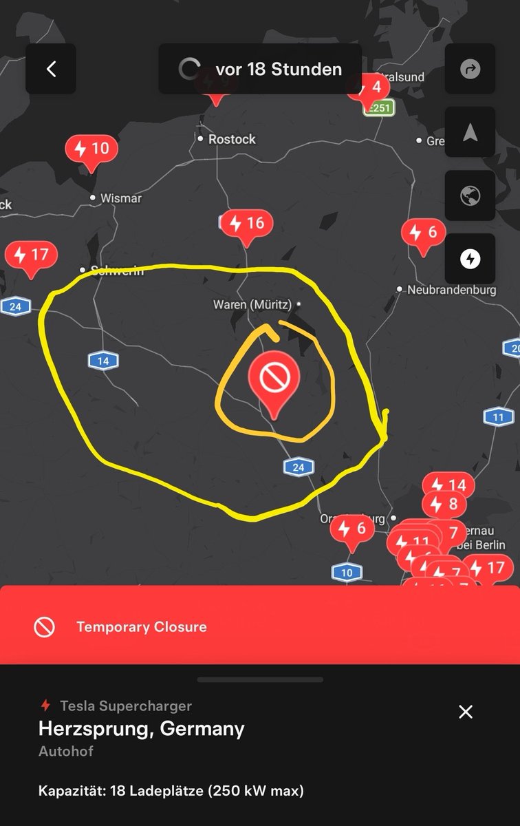Ludoua's tweet photo. Any news about the closure of this supercharger? The area and the road between Hamburg and Berlin was already very weakly served and now it got even worst. Thanks! https://t.co/e9YvLk6dIj