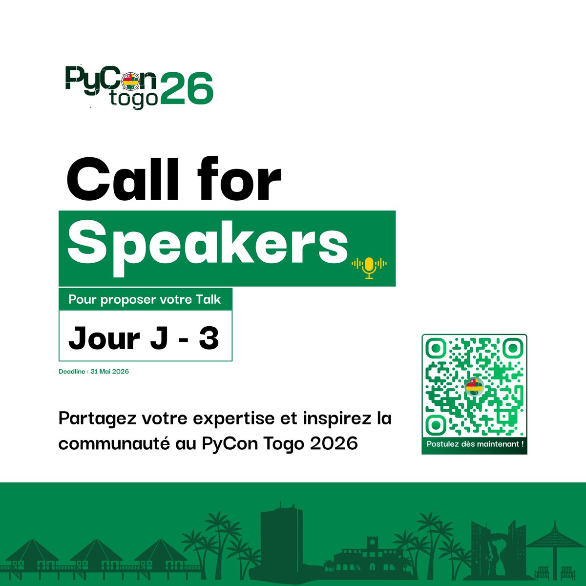 TgPycon's tweet photo. [Jour J - 3] Call for Speakers – PyCon Togo 2026

Plus que 3 jours pour rejoindre les speakers de cette édition exceptionnelle !

Passez à l'action dès maintenant : en cliquant sur le lien du premier commentaire 👇

#PyConTogo2026 #Python #TechTogo #DevOps #IA https://t.co/HKHyaZpA6b