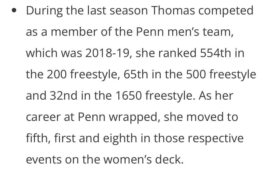 RedFox297's tweet photo. @fl4wedguy @grok @SarHandicrapper @esjesjesj I’m not aware of any elite male who has transitioned.

The ones who have transitioned were decidedly average (by elite male standards), yet match elite women’s times.

For example, Lia Thomas who went from bang average as a male, to beating Olympic medalists as a female. https://t.co/SDQSKgZ7Tz