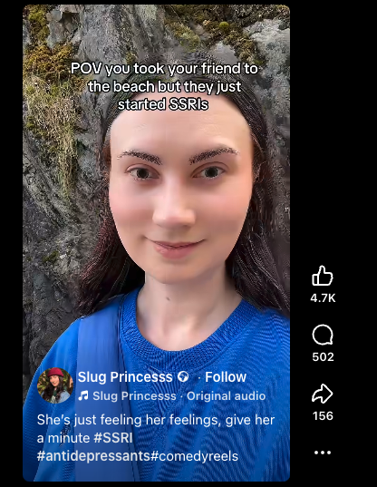 markhoro's tweet photo. This is a widely shared 'reel' on 'the Facebook' that has 750k views illustrating someone's experience of being numbed emotionally and cognitively dulled. One comment is 'why are those pupils so enlarged while the feelings so dampened' pointing to the overlap pharmacologically and phenomenologically with recreational drugs. Link below.