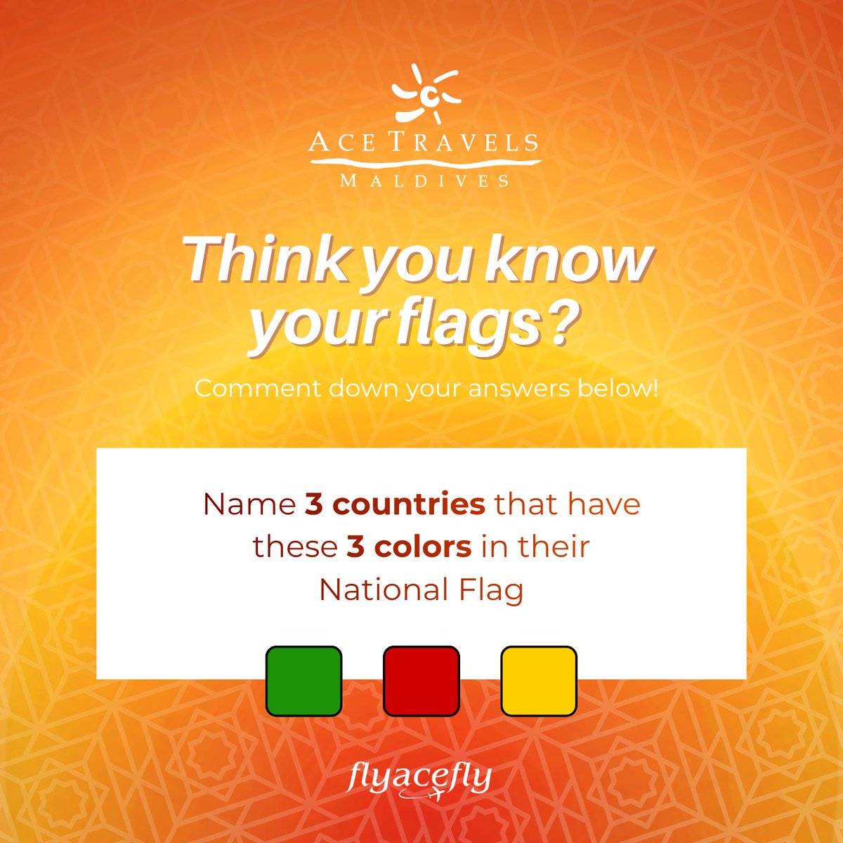 FlyAceFly_'s tweet photo. Can you name 3 countries that have these 3 colors in their national flag? 🟩🟨🟥

#FlyAceFly #AcetravelsMaldives #FlagTrivia https://t.co/JJDcgaZ0L4