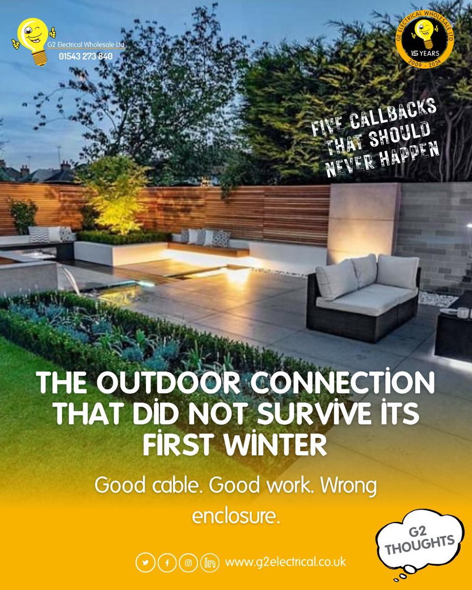 G2Electrical's tweet photo. FIVE CALLBACKS THAT SHOULD NEVER HAPPEN 2.

✔️ Good cable
✔️ Good work
❌ Wrong enclosure

IP44 keeps out splashing water. It does not keep out driving rain, pressure washing, or a British winter with something to prove. Choose IP66/67 for anything exposed. Call 01543 273840. https://t.co/exXjTgNvyb