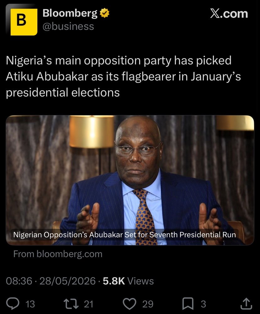 Tope_soft's tweet photo. BREAKING : As expected , International media are beginning to report that Nigeria’s main Opposition party the ADC has picked Atiku Abubakar as its flagbearer for the presidential election in January. https://t.co/xI1sof0ekM